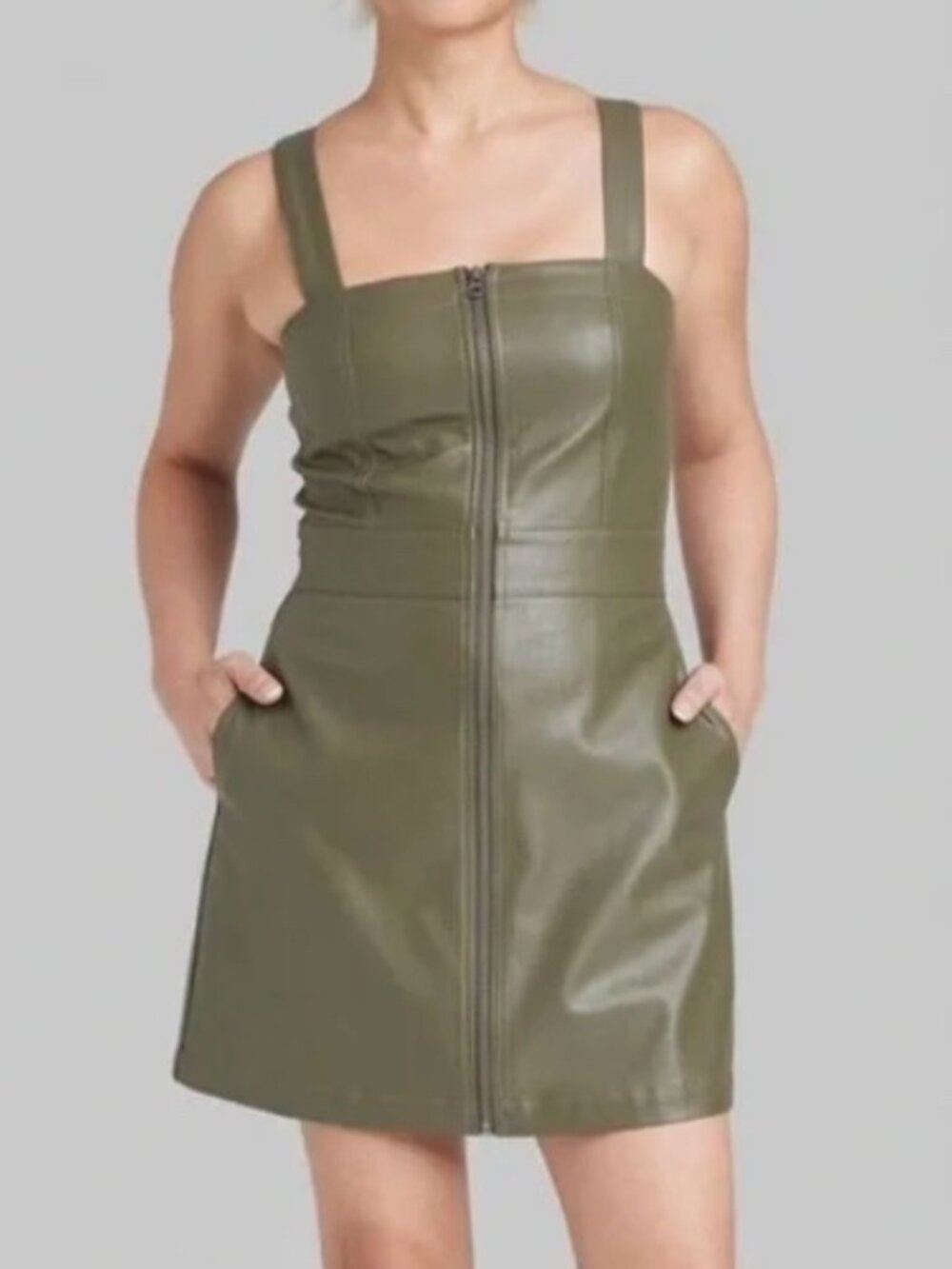 Wild Fable Women's Dress Faux Leather Zip Front Mini Pinafore Dress Olive